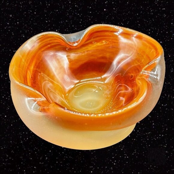 Vintage Czech Bohemian Glass Ashtray 1950s Hand Made Orange Bowl 5”W 2”T - Picture 2 of 16